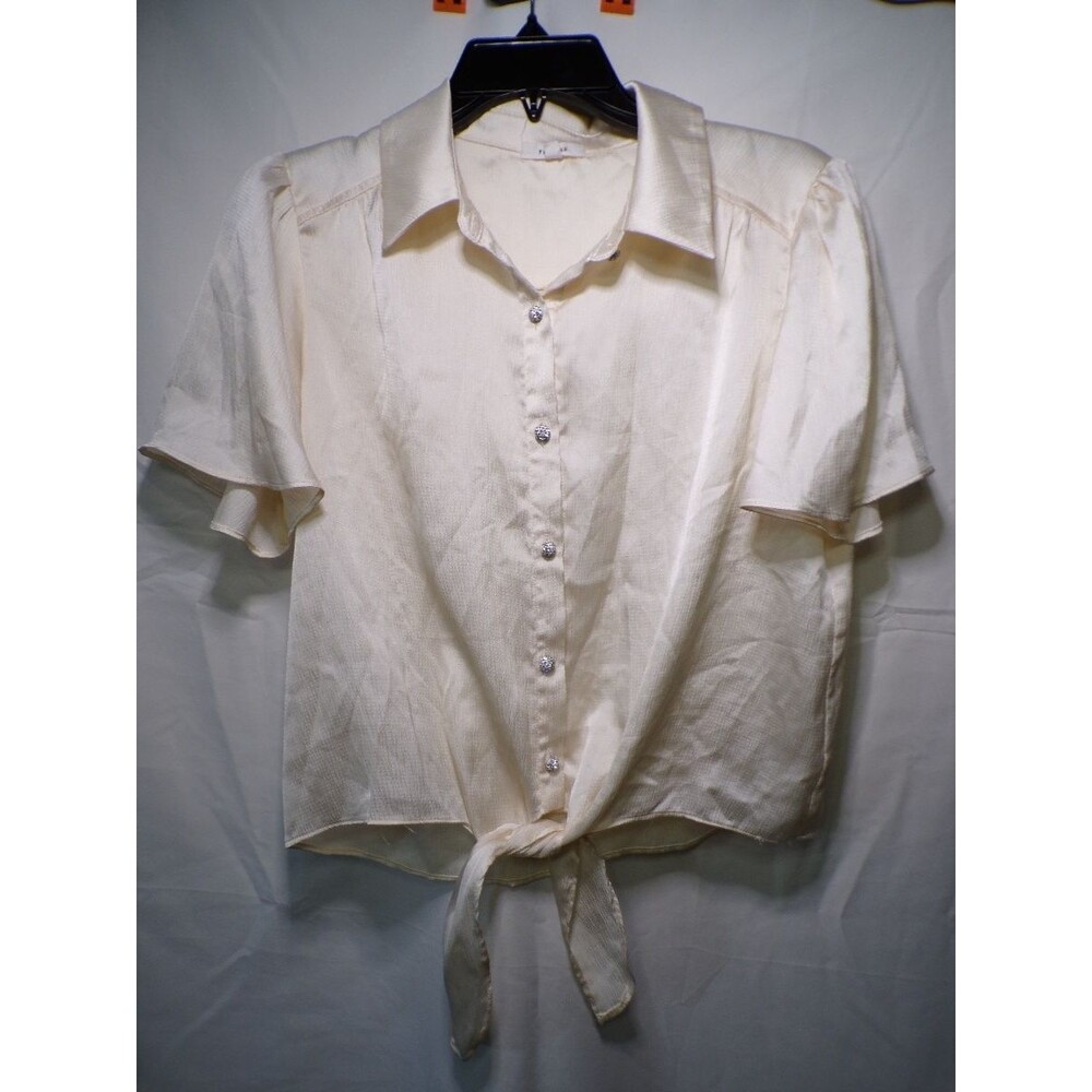 Pleione Women's Cropped Satin Blouse Size S Ivory Tie Front Rhinestone Buttons